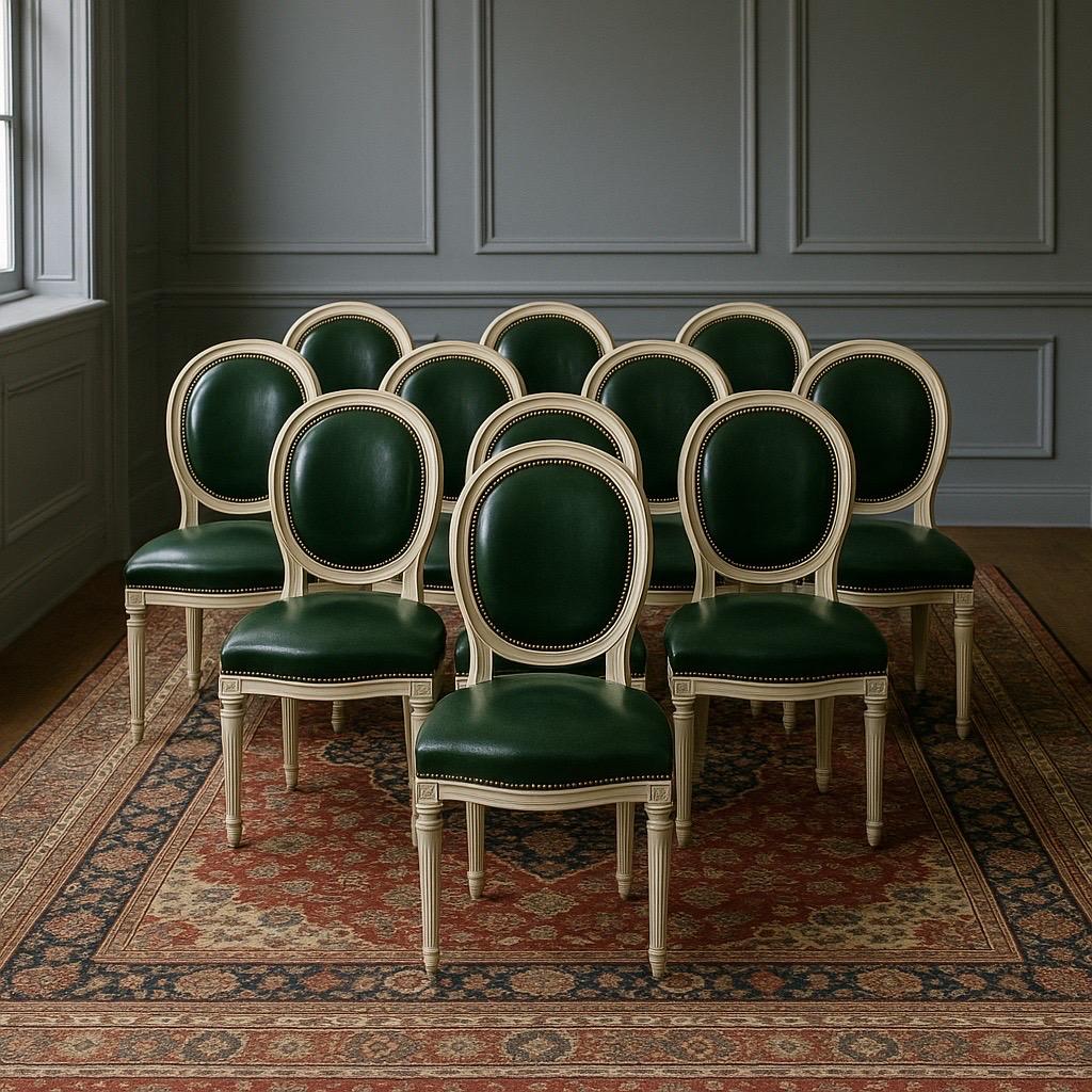 Raro set di 10 sedie da pranzo in pelle dipinte con schienale a cammeo attribuite alla Maison Jansen in vendita 7