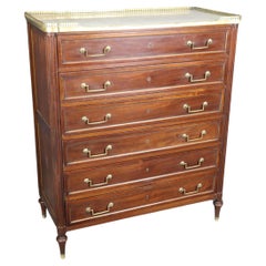 Fine Quality 6 Drawer French Brass Bound Marble Top Louis XVI Tall Dresser