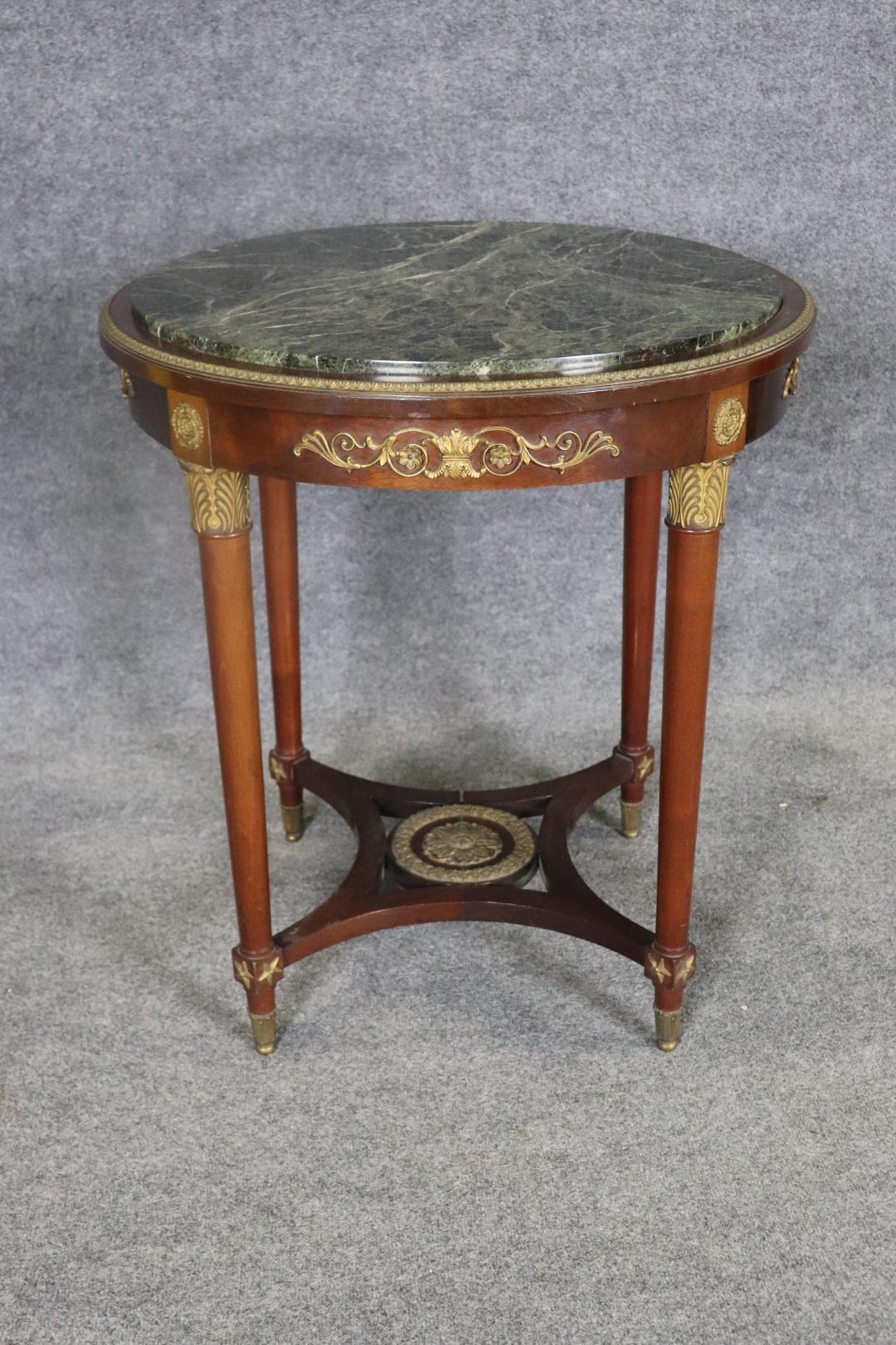 19TH C Empire Bronze Mounted Marble Top Round Table
Wood. Bronze mounted. Marble top. 

Dimensions: 31 1/4