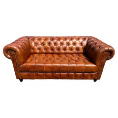 Fine English Cognac Cigar Brown Tufted Bench Genuine Leather Chesterfield Sofa