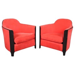 Used Sleek Ebonized Art Deco Club Chair in Red Upholstery Circa 1930s Era- Pair