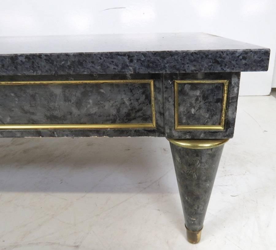 Faux marble painted wood base. Bright brass mounts and mouldings. Grey faux painted decorated marble top.