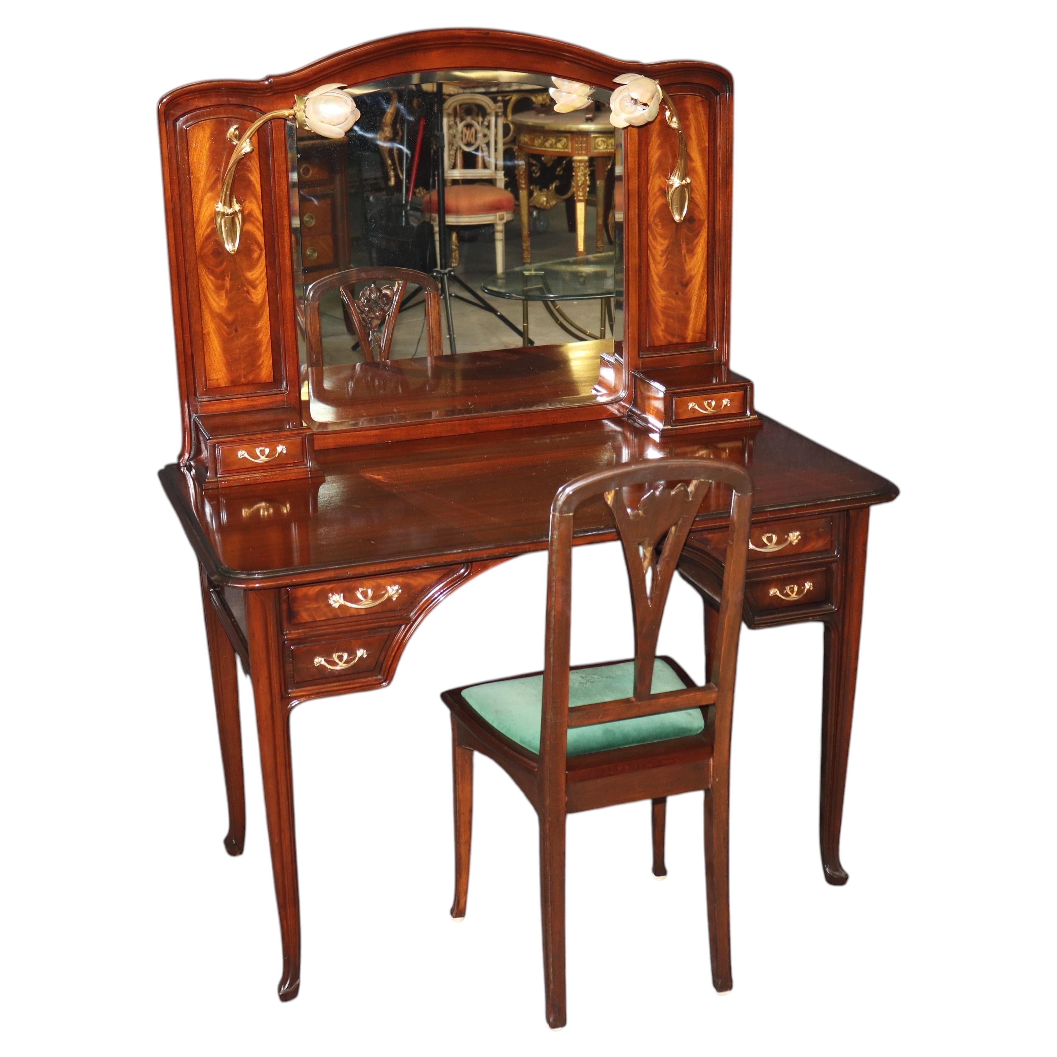 1920"s Art Nouveau Mahogany Ormolu Mounted Vanity and Majorelle Stool