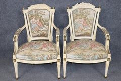 Early 20th C Pair Louis XVI Style Creme Painted w/ Gold Accent Armchairs