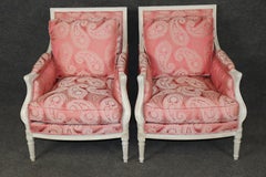 1950's Pair Beautifully Tailored French Louis XVI Style Painted Bergere Chairs