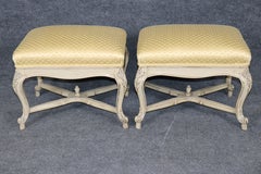 1950's Pair Louis XV Style Painted Decorated Benches