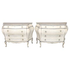 Pair 20th C. Italian Creme Painted 4 Drawer Bombe Commodes