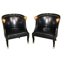 20th c Pair French Directoire Style Ebonized and Gilt Ramshead Club Chairs