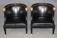 20th c Pair French Directoire Style Ebonized and Gilt Ramshead Club Chairs