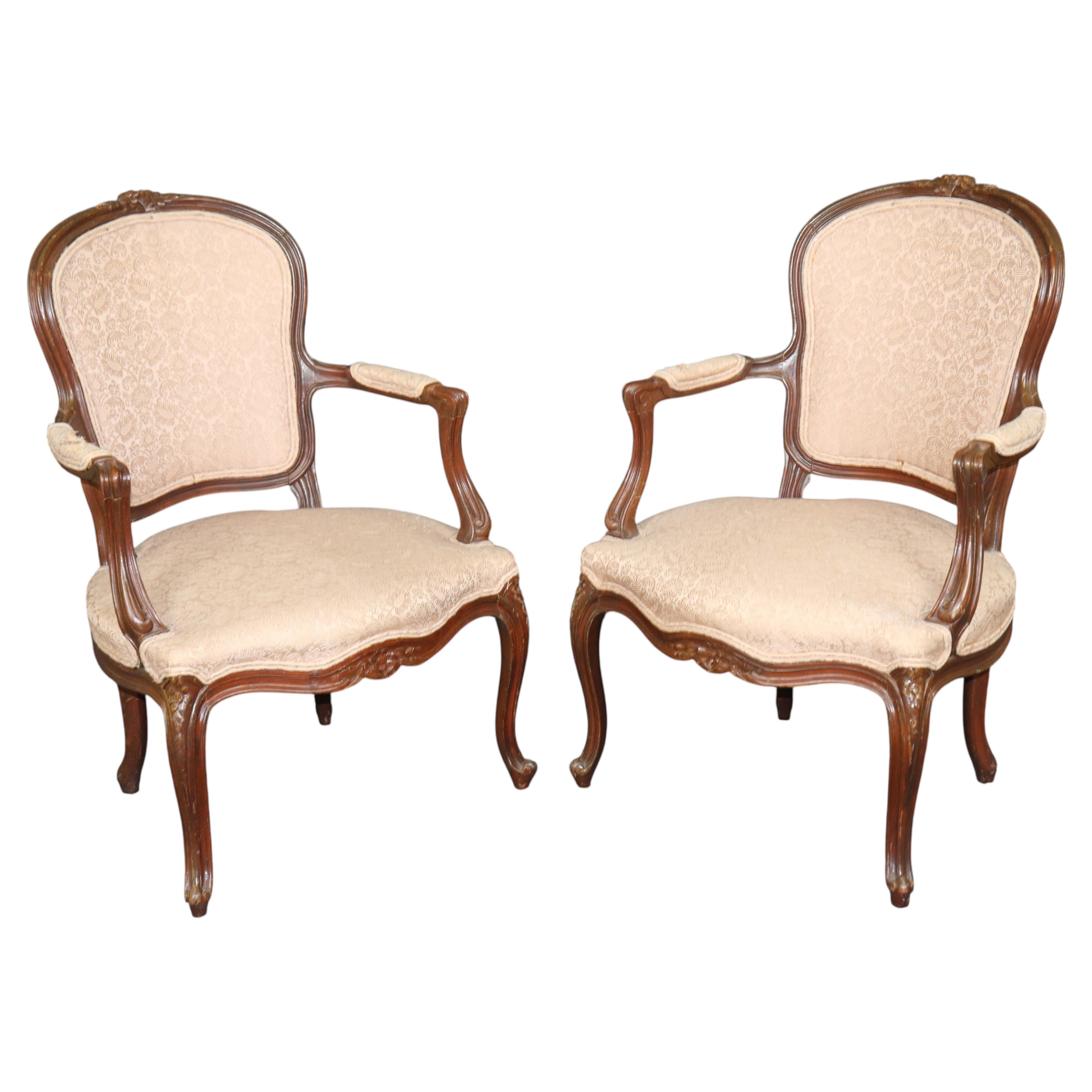 1940's Pair French Louis XV Style Carved Armchairs