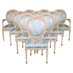 Set 10 French Louis XVI Style Parcel Gilt Dining Chairs.