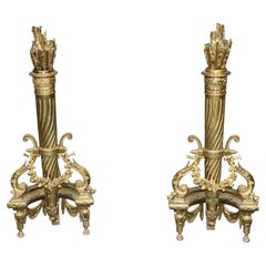 Pair Louis XVI Style Brass Fireplace Andirons Chenets