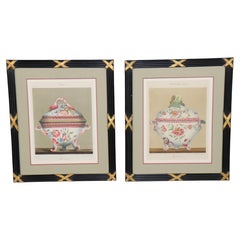 Pair 20th C Frames French Lithographs of Porcelain Vases