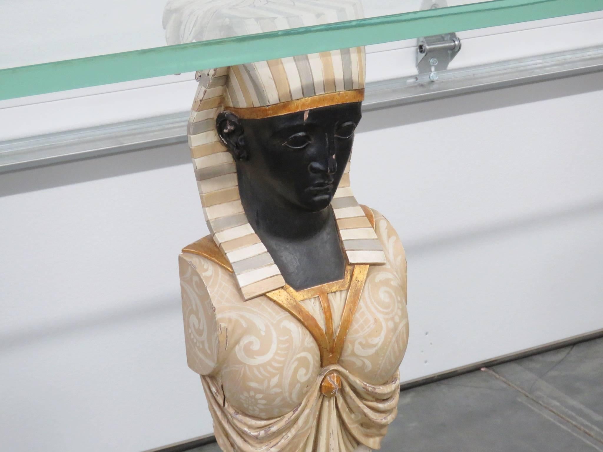 Egyptian Figural Painted and Gilt Glass Top Console Table In Good Condition In Swedesboro, NJ
