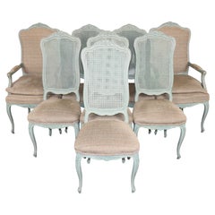 Set 8 French Louis XV Style Blue Painted Cane Back Dining Chairs