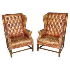Pair Antique Georgian Leather Chesterfield Style Tufted Wingback Chairs