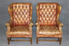Pair Antique Georgian Leather Chesterfield Style Tufted Wingback Chairs