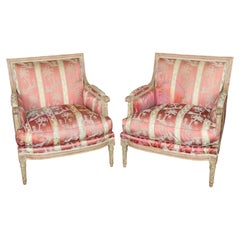 Exceptional Pair French Louis XVI Style Maison Jansen Attributed Bergere Chairs
