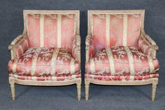 Exceptional Pair French Louis XVI Style Maison Jansen Attributed Bergere Chairs