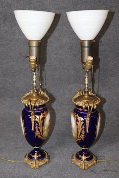 Antique Turn of the Century Blue Sevres Vase Table Lamps
