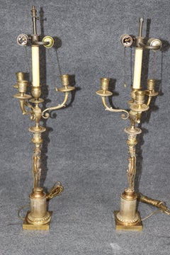Pair Figural French Figural Maidens Empire Style Gilt Metal Candelabras Lamps