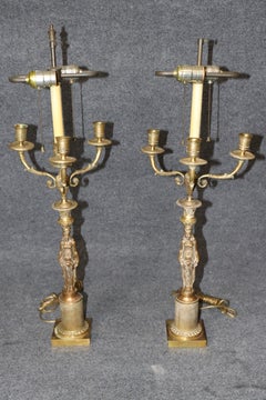 Pair Figural French Figural Maidens Empire Style Gilt Metal Candelabras Lamps
