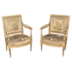 Pair 19th Century French Louis XVI Giltwood Aubusson Armchairs