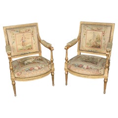 Pair 19th Century French Louis XVI Style Giltwood Aubusson Armchairs