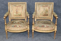 Pair 19th Century French Louis XVI Style Giltwood Aubusson Armchairs