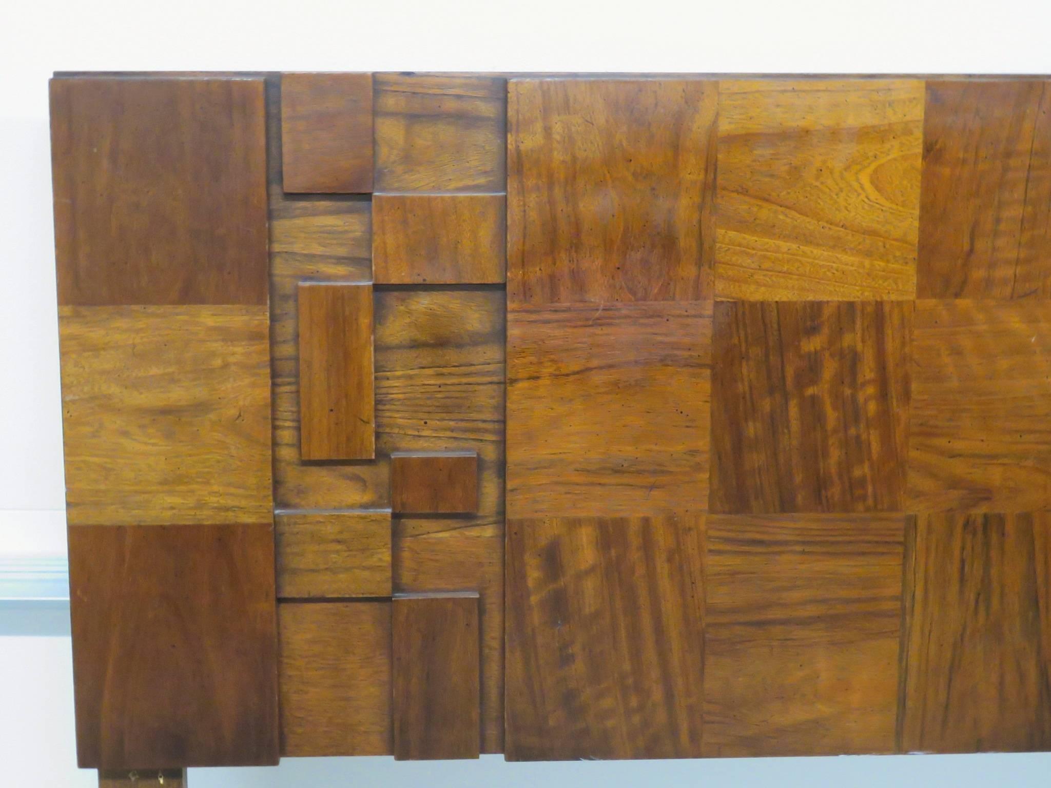 Headboard has a Brutalist style with walnut drawers. Manufactured by Lane Furniture Co from the 
