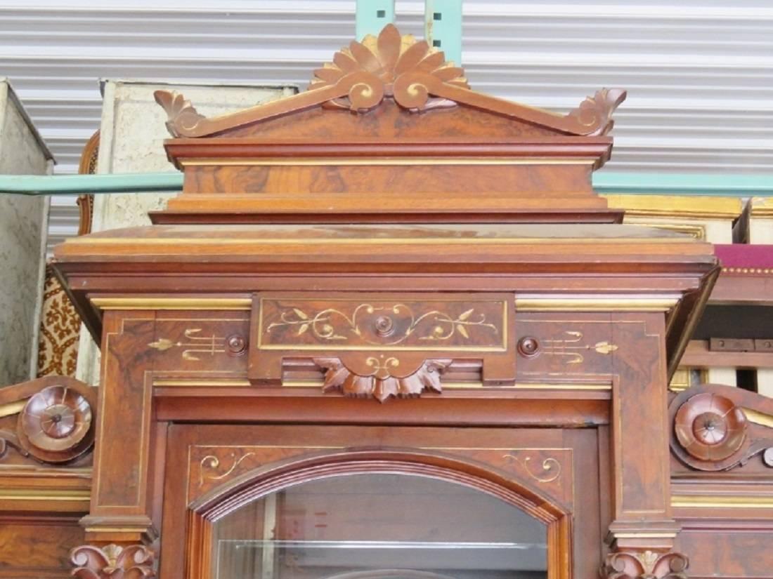 American Monumental Burled Walnut Victorian Renaissance Style Bookcase Display Breakfront