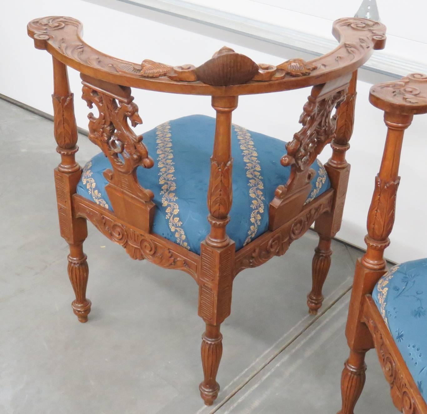 Hand-Carved Pair of 19th Century Italian Carved Walnut Renaissance Figural Corner Chairs