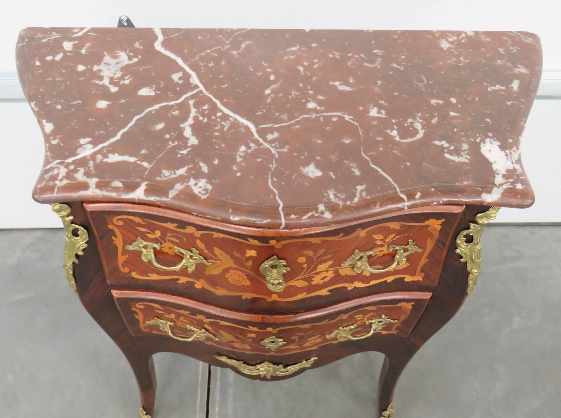 20th Century Louis XVI Style Inlaid Marble-Top Bombe Commode