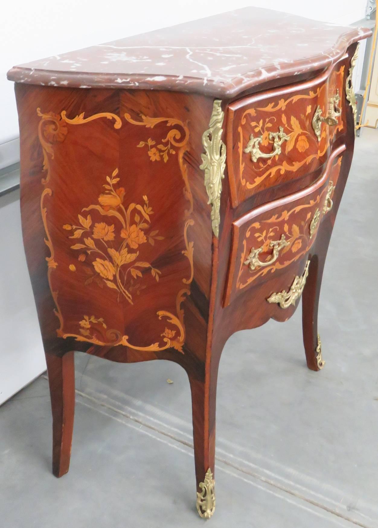 Louis XVI Style Inlaid Marble-Top Bombe Commode 1