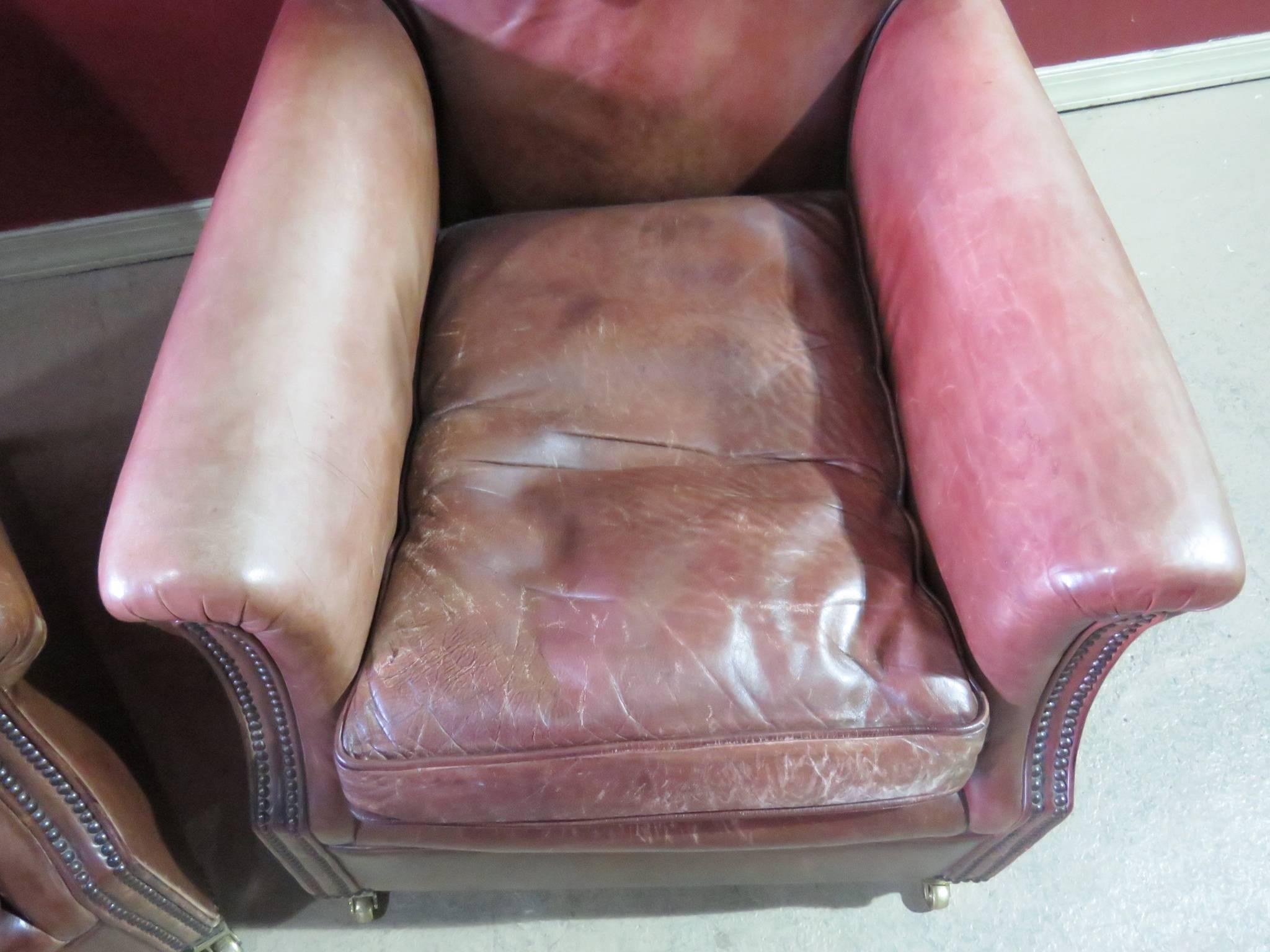 20th Century Pair of Brown Leather Club Chairs