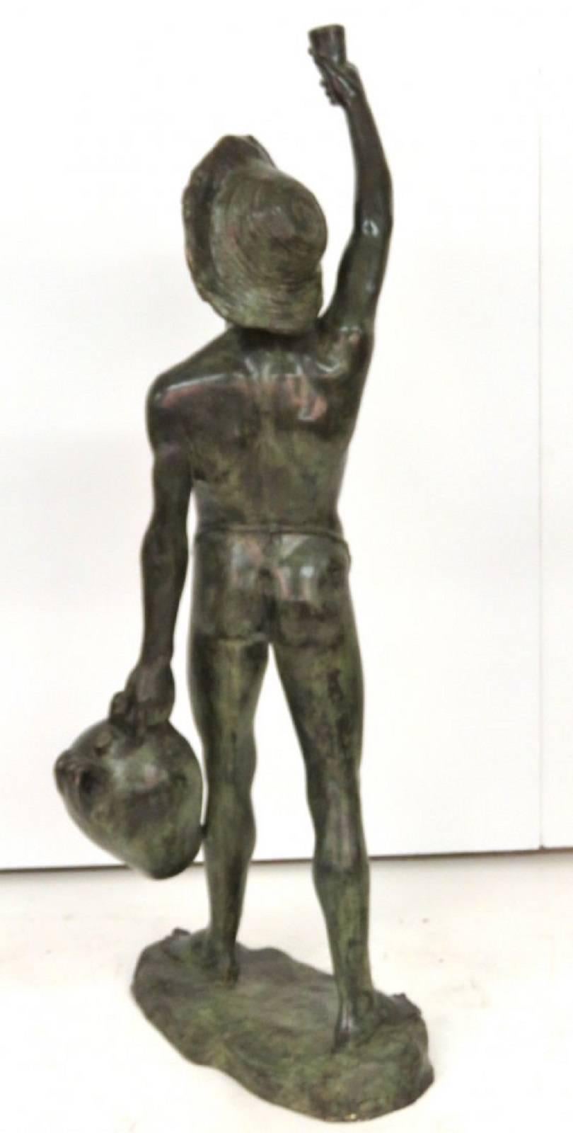 20th Century Bronze Sculpture Boy with Water Jug