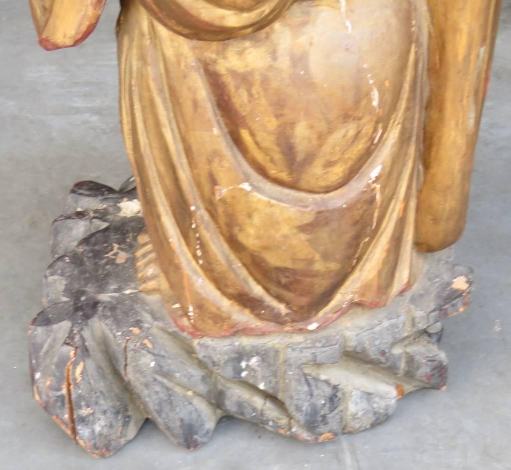 19th Century 30 inch Tall Antique 1880s Era Carved and Painted Ancient Looking Wood Buddha