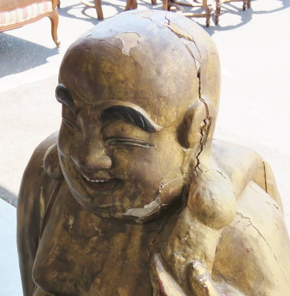 Hand-Carved 30 inch Tall Antique 1880s Era Carved and Painted Ancient Looking Wood Buddha