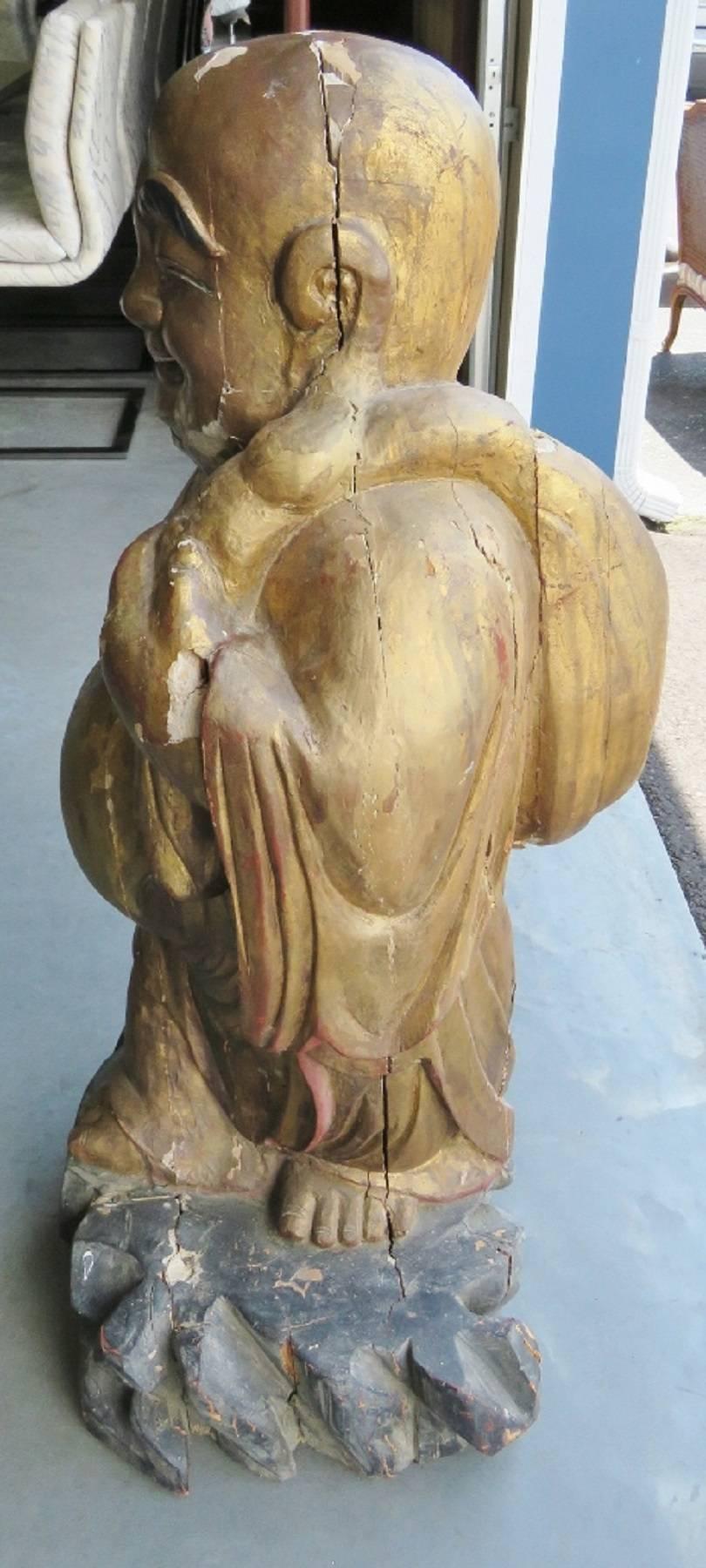 30 inch Tall Antique 1880s Era Carved and Painted Ancient Looking Wood Buddha In Fair Condition In Swedesboro, NJ