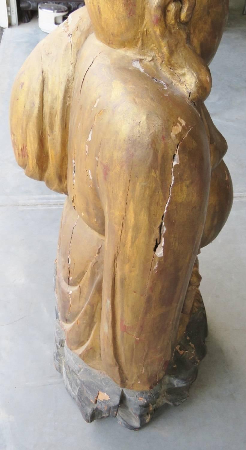 Hardwood 30 inch Tall Antique 1880s Era Carved and Painted Ancient Looking Wood Buddha