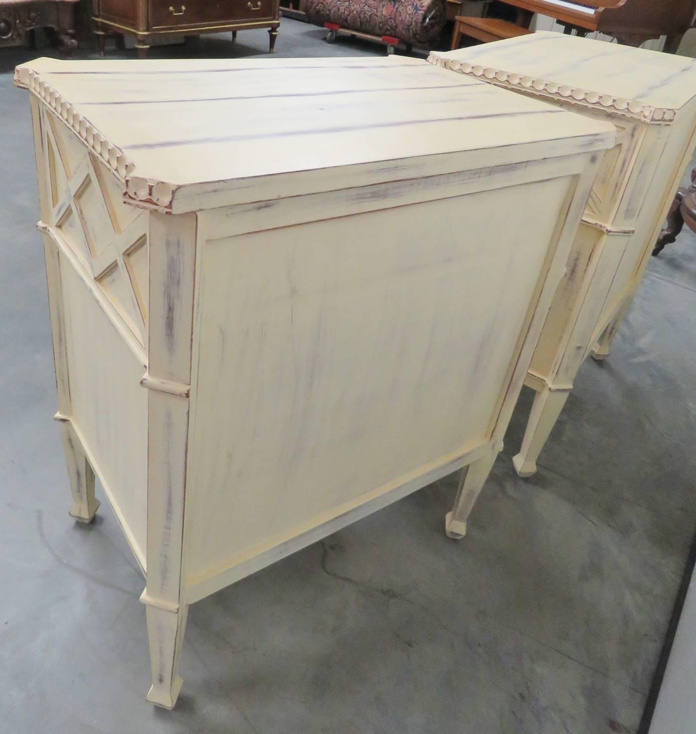 Pair Louis XVI Style Distressed Cream Painted Three-Drawer Chests 1