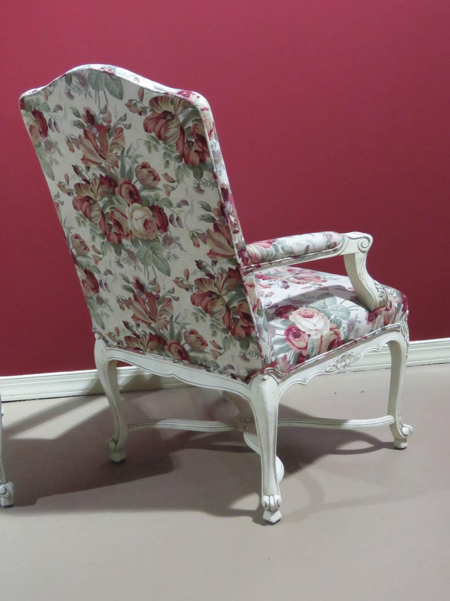 20th Century Pair of Louis XVI Style Cream Painted Upholstered Fauteuils Bergere Arm Chairs