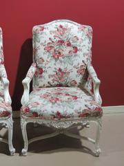 Pair of Louis XVI Style Cream Painted Upholstered Fauteuils Bergere Arm Chairs