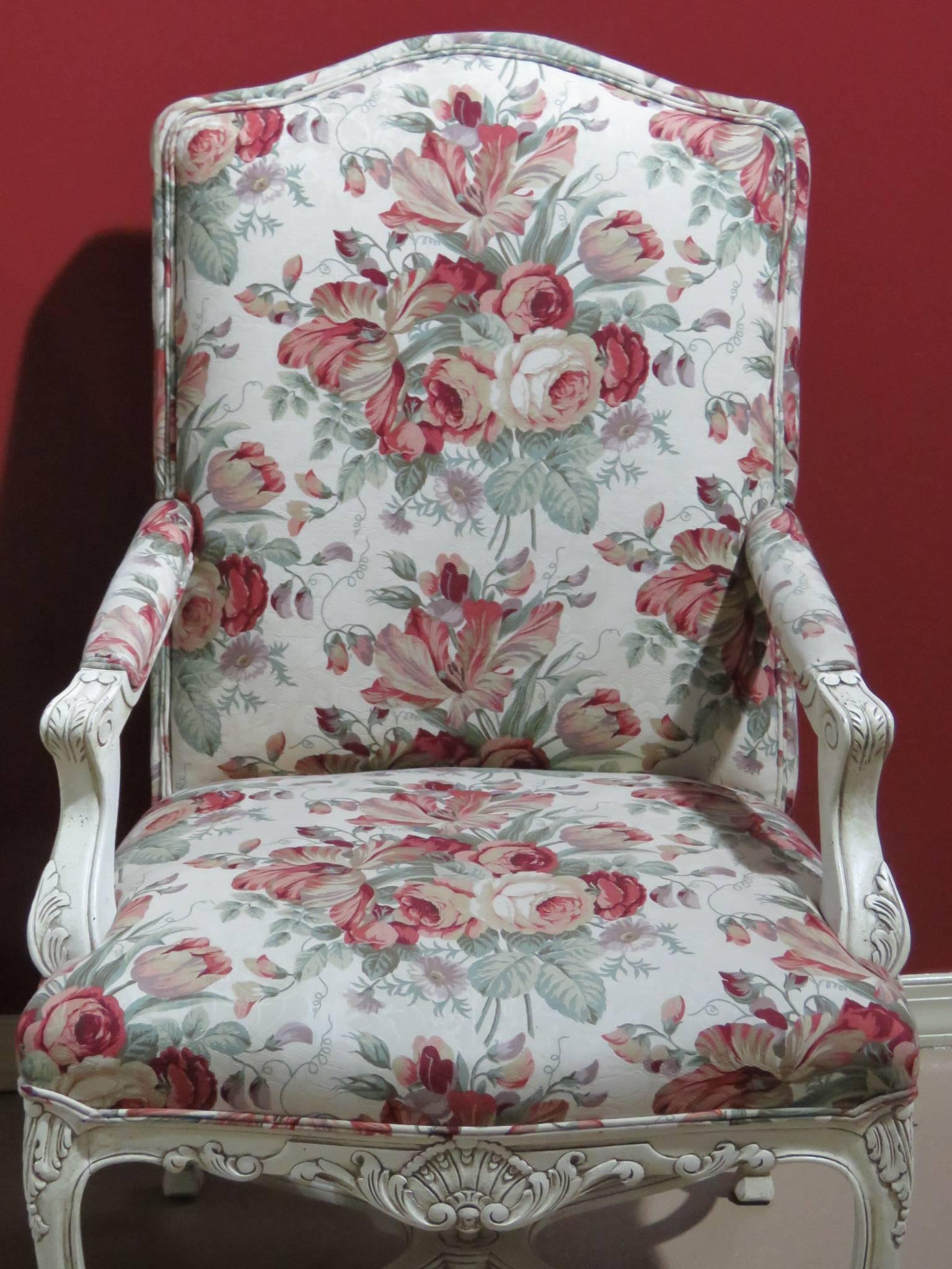 Walnut Pair of Louis XVI Style Cream Painted Upholstered Fauteuils Bergere Arm Chairs