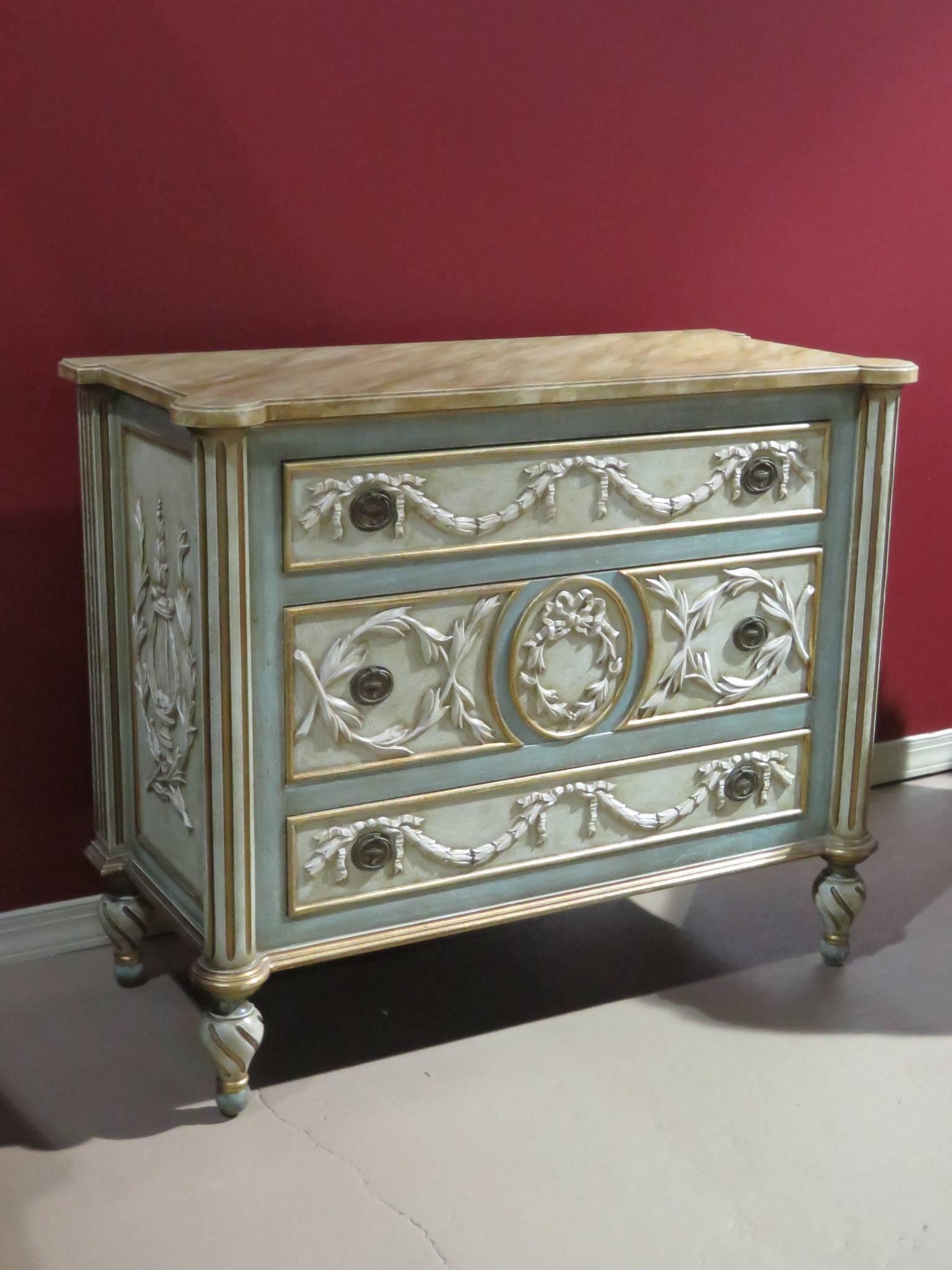 20th Century French Style Cream & Turquoise Painted Commode