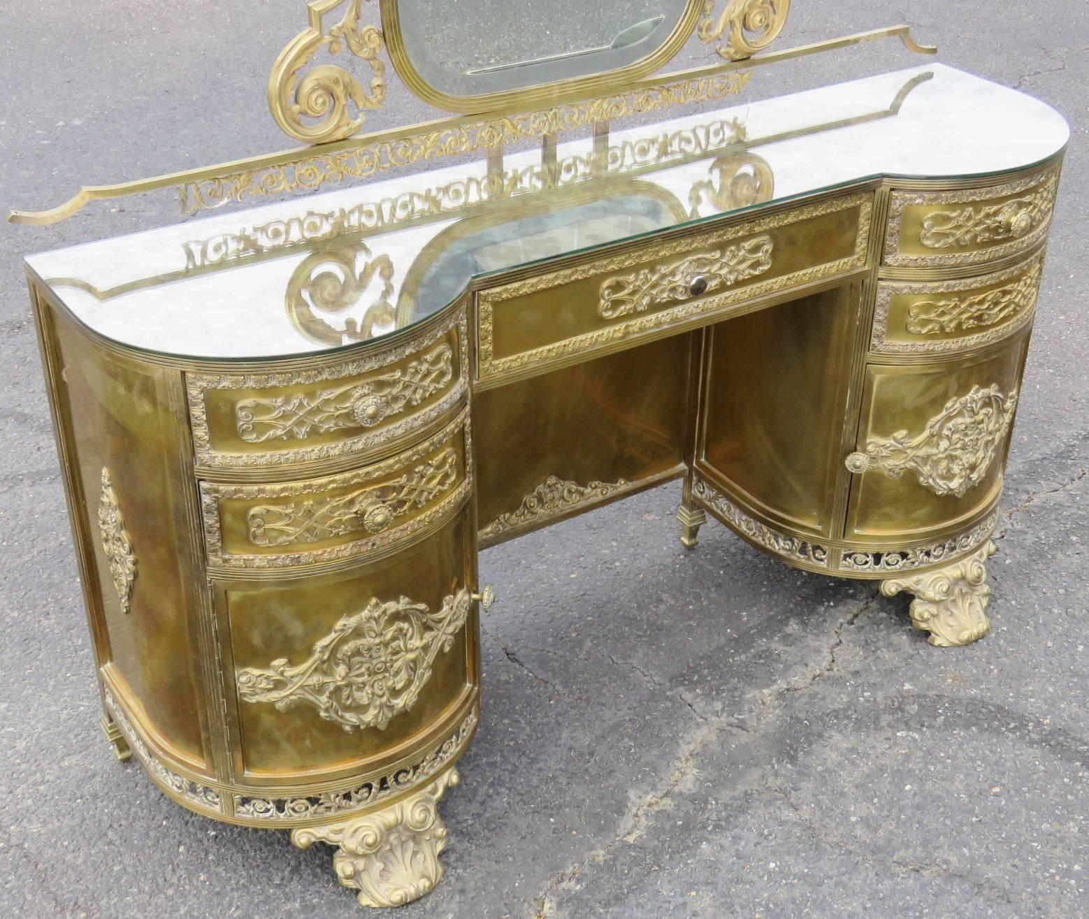 Art Nouveau Style Decorated Metal Vanity with Mirror In Good Condition In Swedesboro, NJ