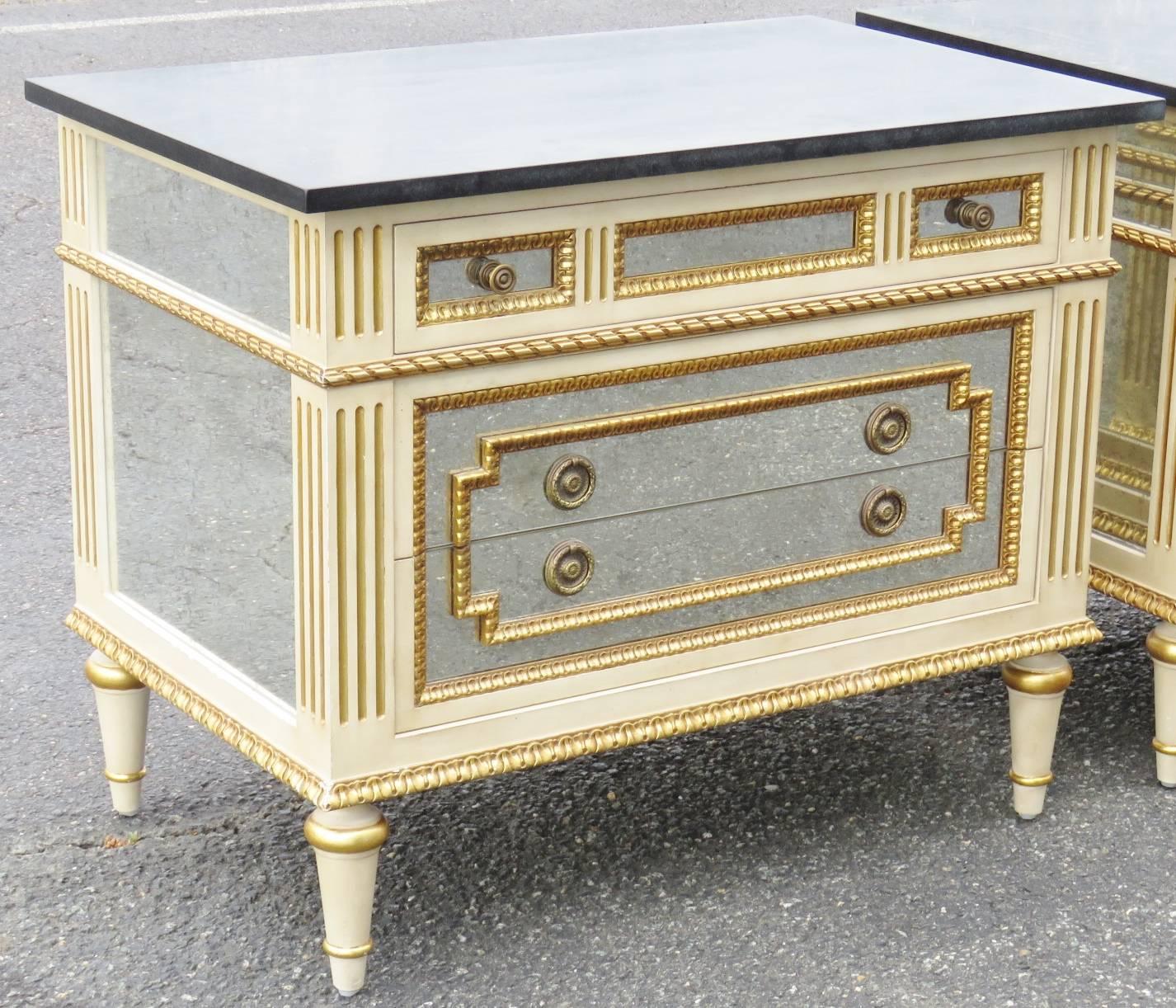 Pair Jansen Style Directoire Painted Mirrored & Gilded Commodes Night Stands  In Excellent Condition In Swedesboro, NJ