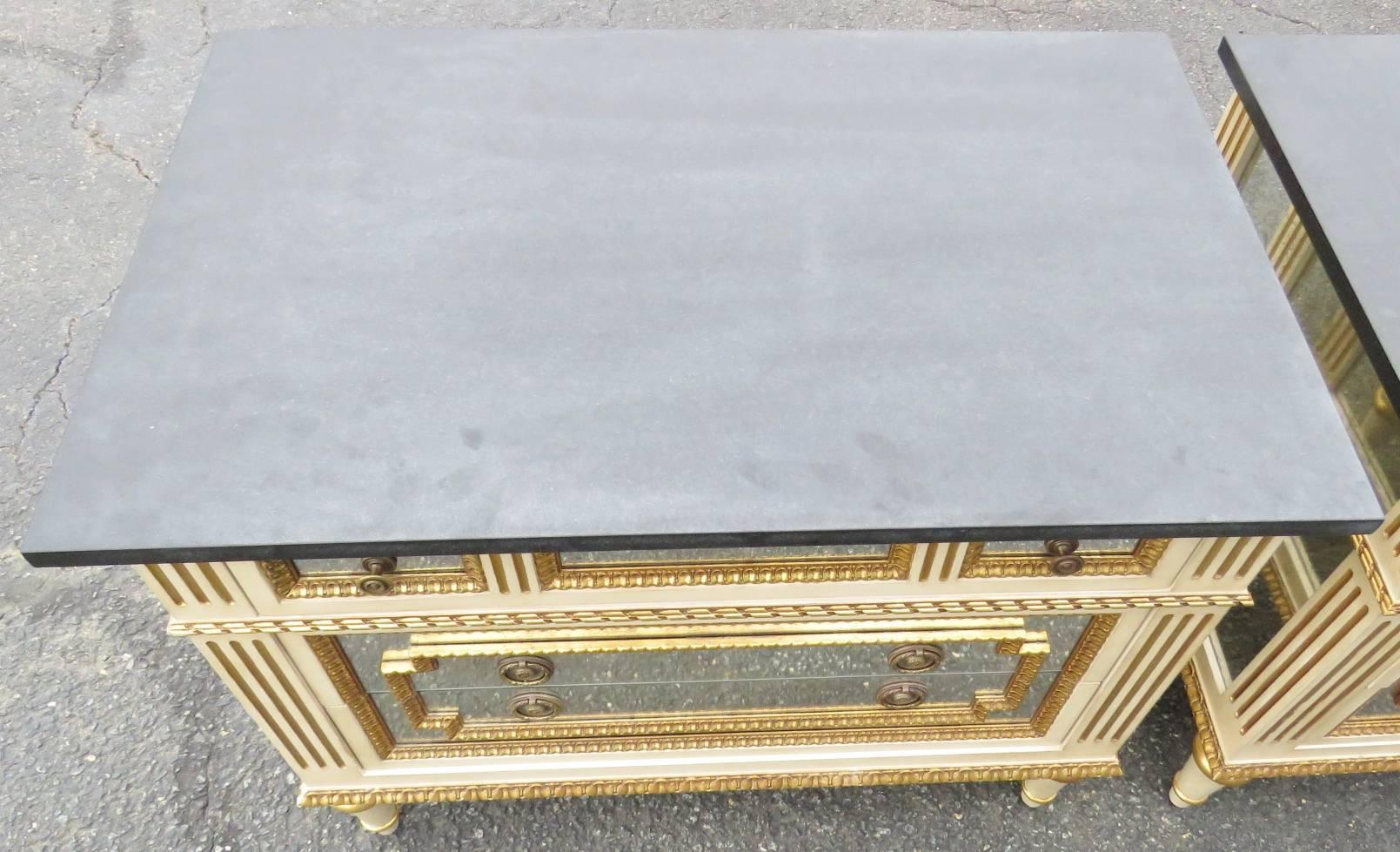 Fruitwood Pair Jansen Style Directoire Painted Mirrored & Gilded Commodes Night Stands 