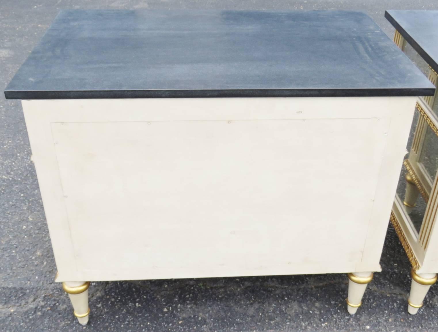 20th Century Pair Jansen Style Directoire Painted Mirrored & Gilded Commodes Night Stands 