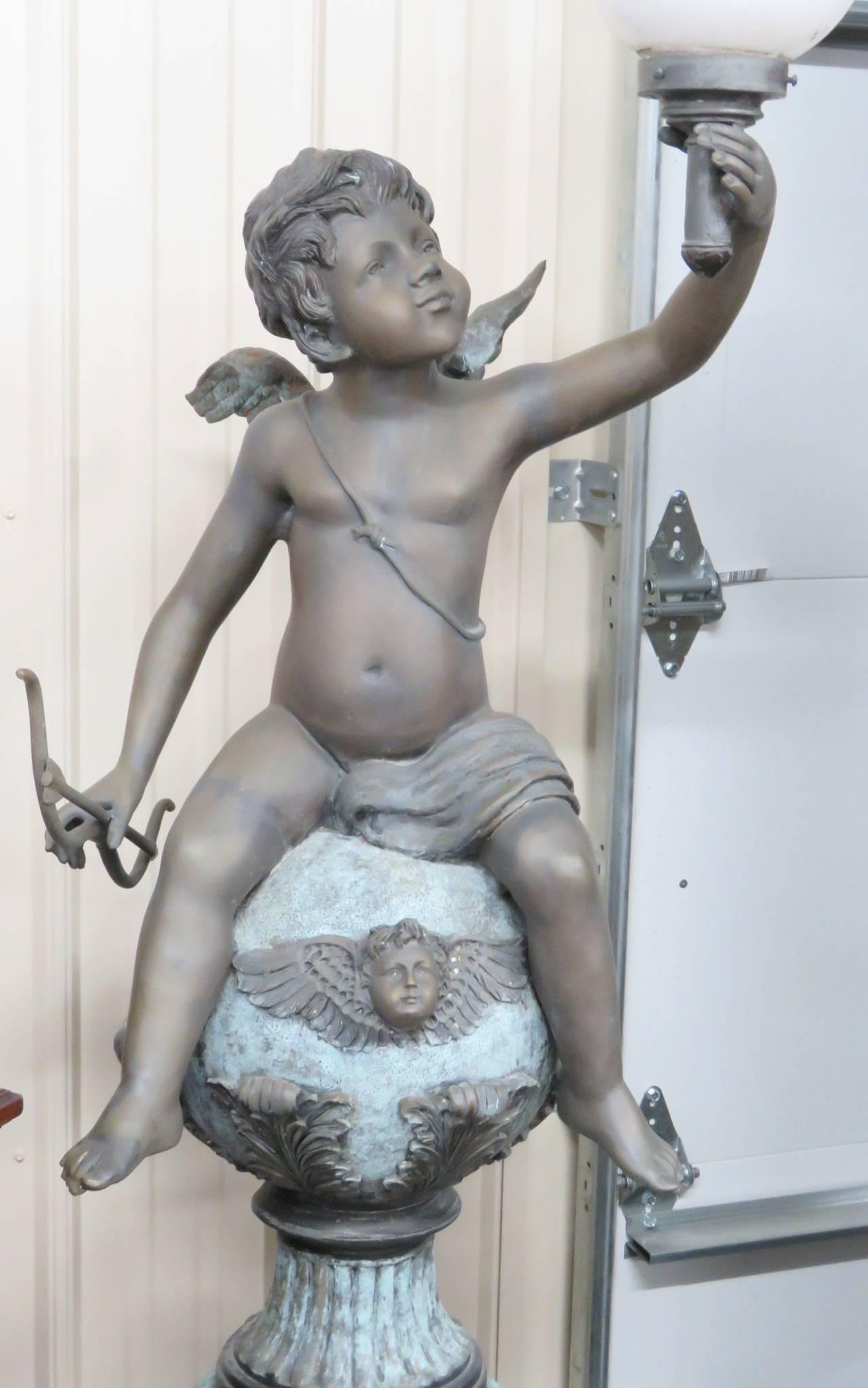 20th Century Companion Pair of Bronze Cherub Light Posts